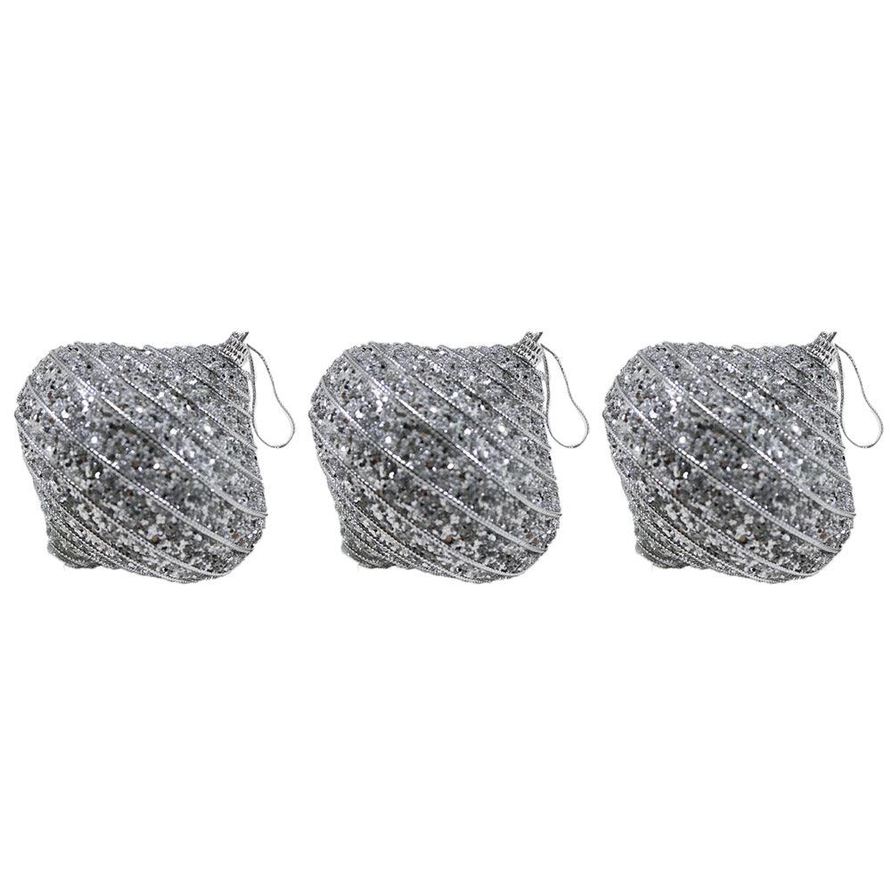 Christmas Oval Glitter Striped Silver Balls Tree Decoration Set (3 Pcs) - Karout Online -Karout Online Shopping In lebanon - Karout Express Delivery 