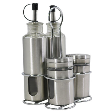 Canister Vinegar Oil Bottle and Salt Pepper shaker Set with Stainless Metal Stand Holder - Karout Online -Karout Online Shopping In lebanon - Karout Express Delivery 