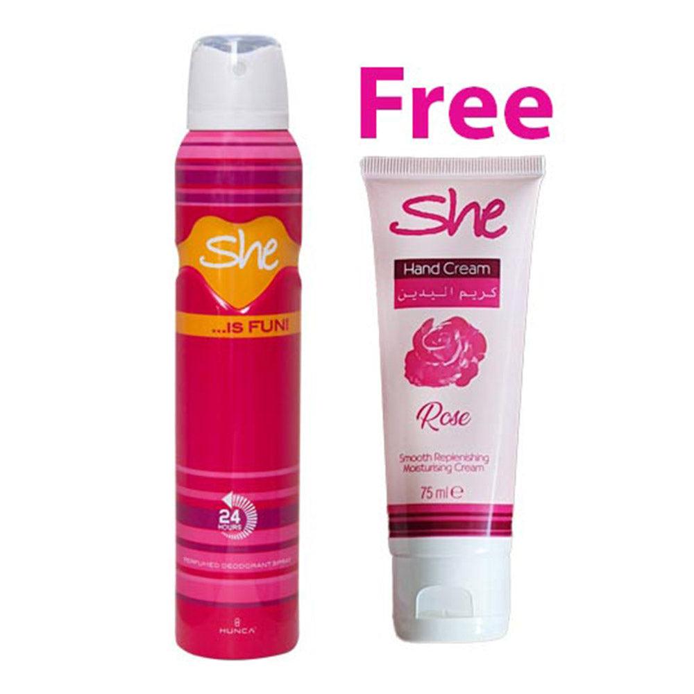 She Deodorant 200ml Fun Plus Hand Cream Rose 75ml Free / SHE-236 - Karout Online -Karout Online Shopping In lebanon - Karout Express Delivery 