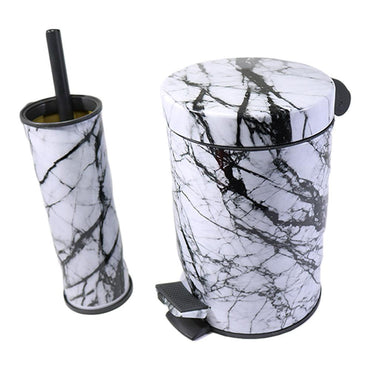 Marble Bathroom Waste Bin &  Brush Holder Set - Wihte - Karout Online -Karout Online Shopping In lebanon - Karout Express Delivery 