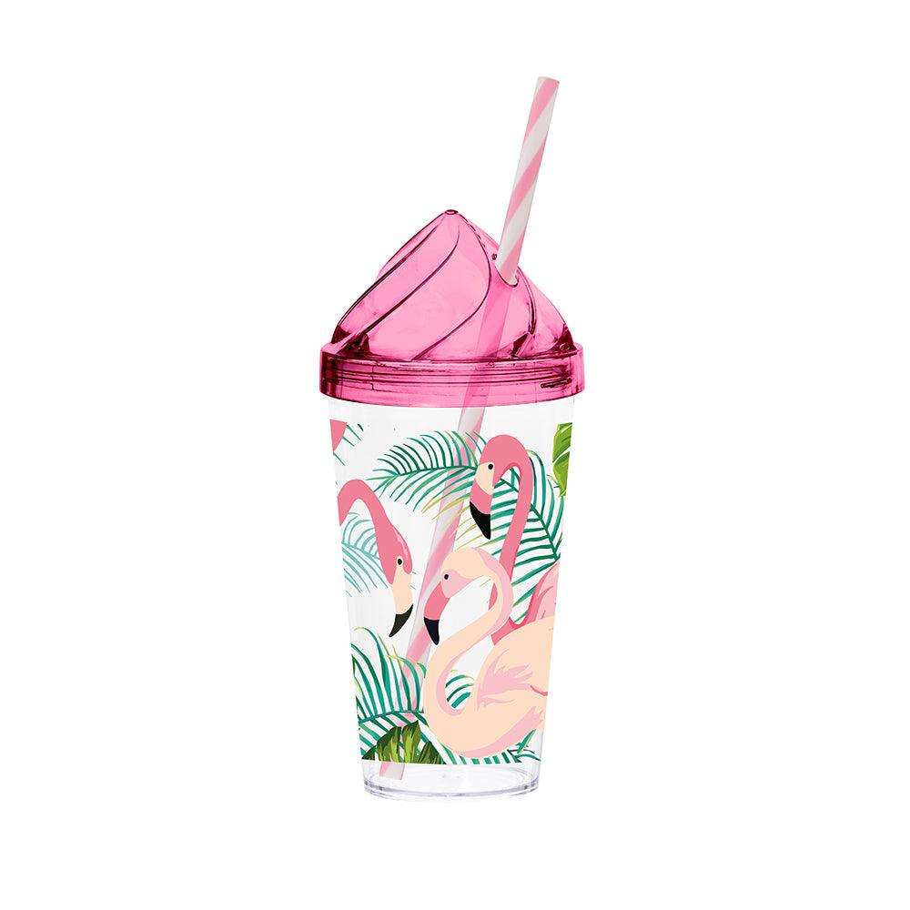 Herevin Decorated Tumbler with Straw  - Flamingo / 660ml - Karout Online -Karout Online Shopping In lebanon - Karout Express Delivery 
