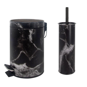 Marble Bathroom Waste Bin &  Brush Holder Set - Black - Karout Online -Karout Online Shopping In lebanon - Karout Express Delivery 