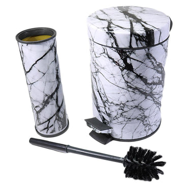 Marble Bathroom Waste Bin &  Brush Holder Set - Wihte - Karout Online -Karout Online Shopping In lebanon - Karout Express Delivery 