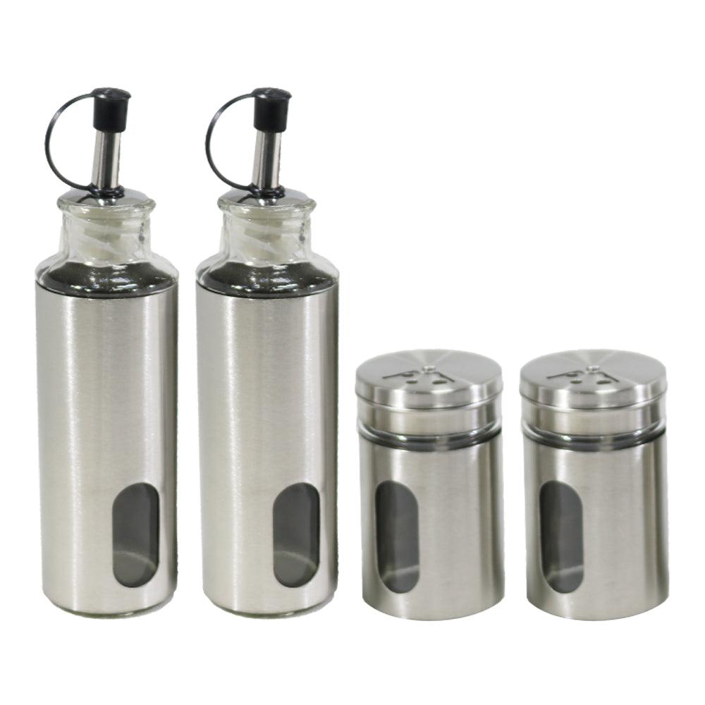 Canister Vinegar Oil Bottle and Salt Pepper shaker Set with Stainless Metal Stand Holder - Karout Online -Karout Online Shopping In lebanon - Karout Express Delivery 