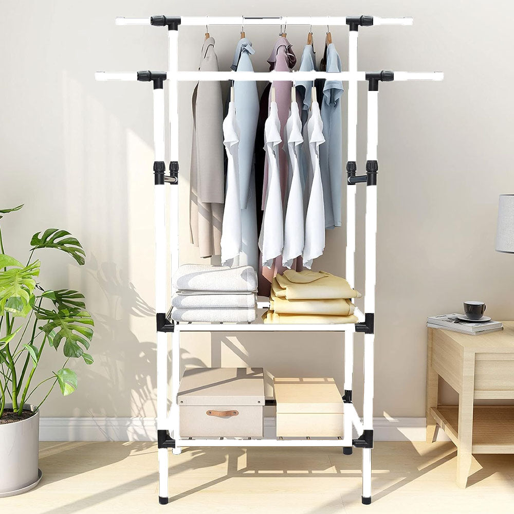 Double-Pole Shoe and Hat Rack, Clothes Rack with Shelves Heavy Duty Metal Garment Rack for bedroom clothing rack for Hanging Clothes / 8902