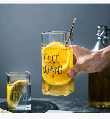 **NET**Good Morning Glass Cup Clear Water Drinking Glasses Tea Cup Breakfast Milk Lemon Juice Coffee Mug 400ml / 46039