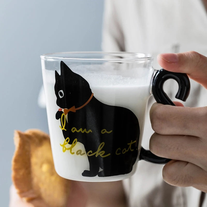 **(NET)**Glass Water Cup Creative Cute Cat Mug Tail Handle - Black / KC22-250